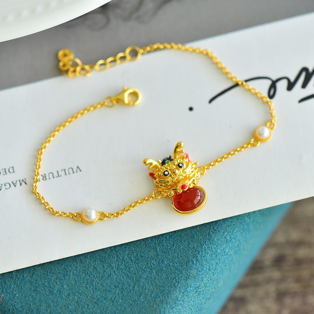 An Exquisite Sterling Silver-Gold Plated Inlaid Agate Enamel Bracelets,Inlaid Pearls: An Exquisite Sterling Silver-Gold Plated Inlaid Agate Enamel Bracelets,Inlaid Pearls,Size:0.2inx0.3in 