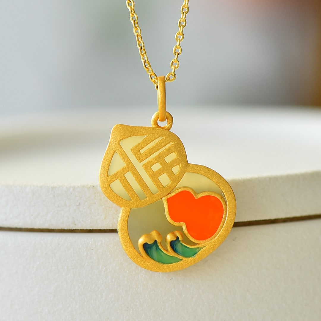 An Exquisite Sterling Silver-Gold Plated Inlaid White Jade Enamel Gourd Pendant: An Exquisite Sterling Silver-Gold Plated Inlaid White Jade Enamel Gourd Pendant 纯银镀金镶白玉珐琅葫芦吊坠