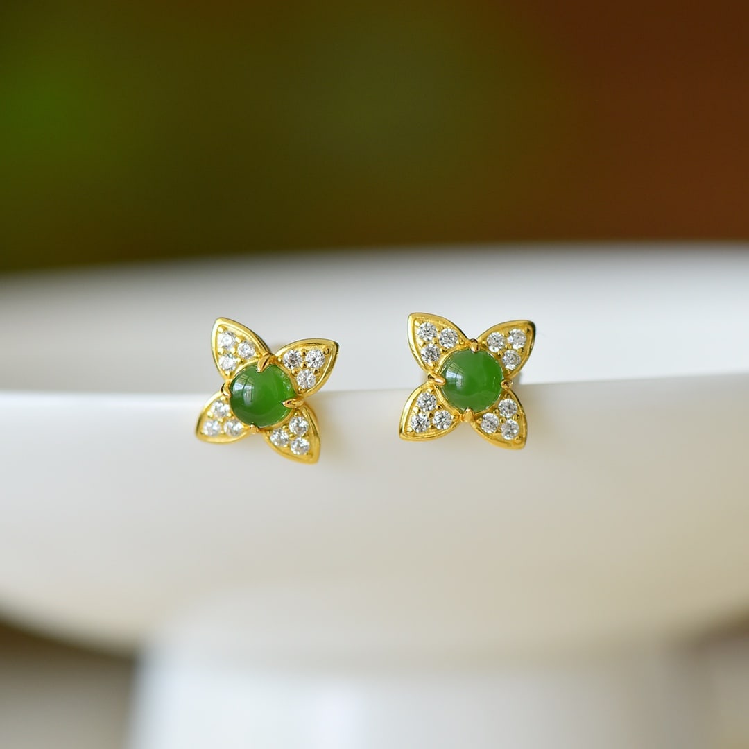 A Pair of Exquisite Sterling Silver-Gold Plated Inlaid Jasper Earrings,Inlaid Diamond: A Pair of Exquisite Sterling Silver-Gold Plated Inlaid Jasper Earrings,Inlaid Diamond,Size:0.2inx0.2in 