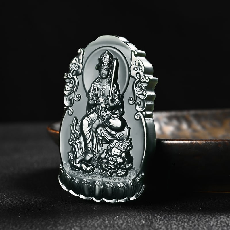 An Exquisite Cyan jade Statue of Manjusri Pendant: An Exquisite Cyan jade Statue of Manjusri Pendant,Size:2.5inx1.5inx0.3in 青玉文殊菩萨像挂件