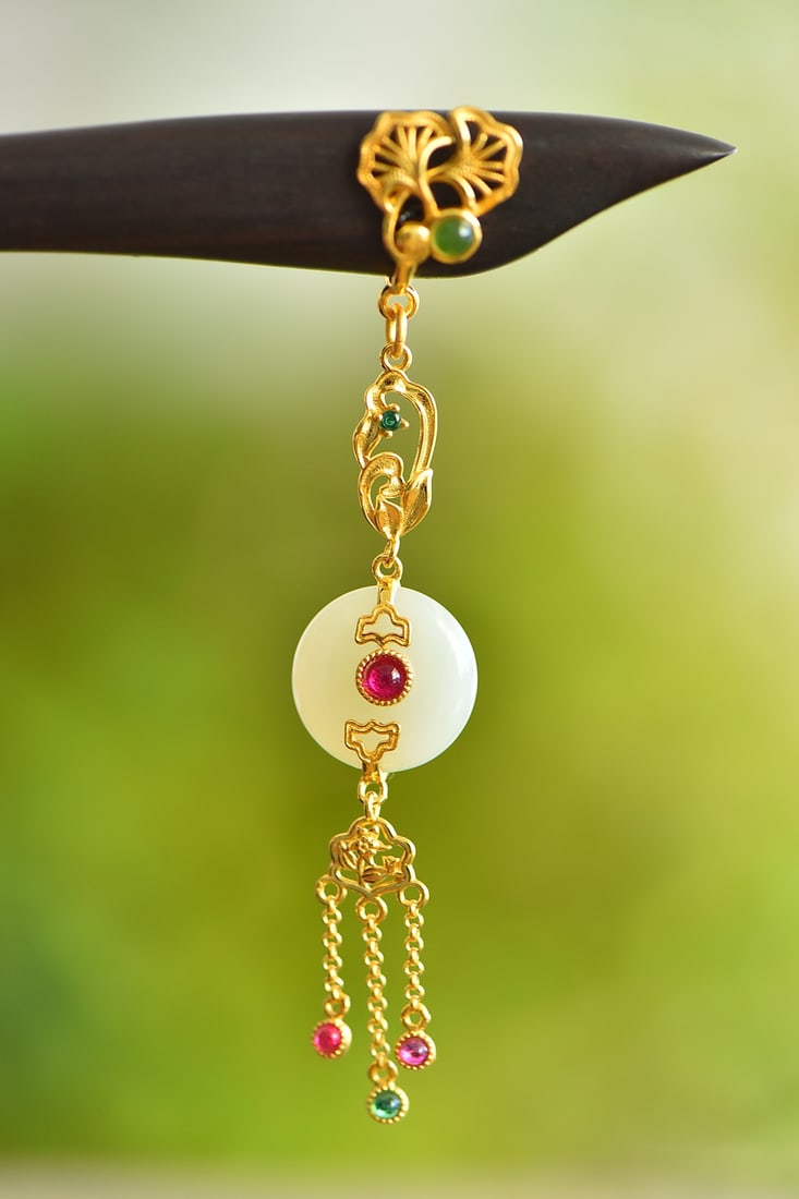 An Exquisite Sterling Silver-Gold Plated Inlaid White Jade Ebony Hairpin: An Exquisite Sterling Silver-Gold Plated Inlaid White Jade Ebony Hairpin, 纯银镀金镶白玉黑檀木发簪