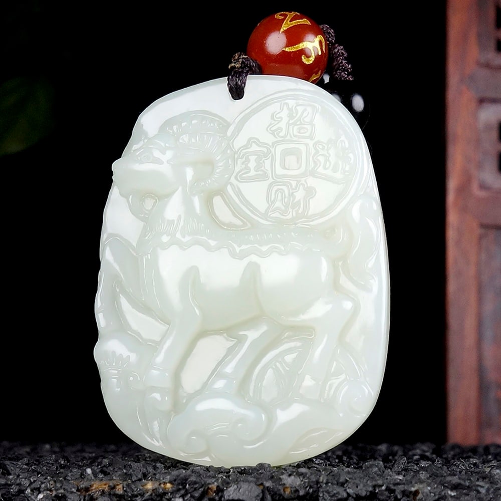 An Exquisite White Jade Sheep Pattern Pendant: An Exquisite White Jade Sheep Pattern Pendant,Size:1.4inx1.3inx0.3in 白玉羊纹挂件