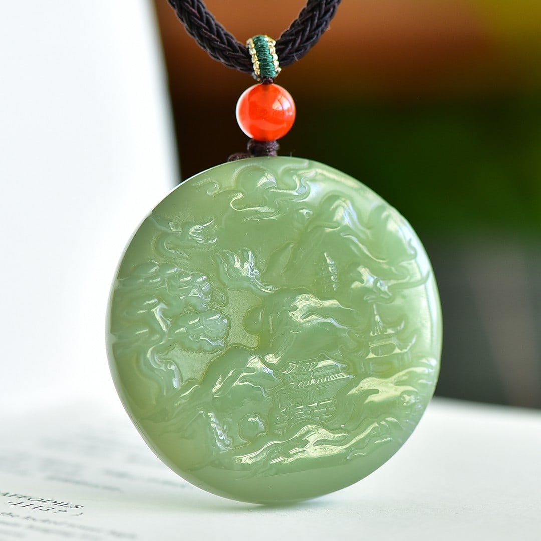 An Exquisite Greenish Jade Landscape Pattern Pendant: An Exquisite Greenish Jade Landscape Pattern Pendant,Size:2inx2in 青玉山水纹挂件