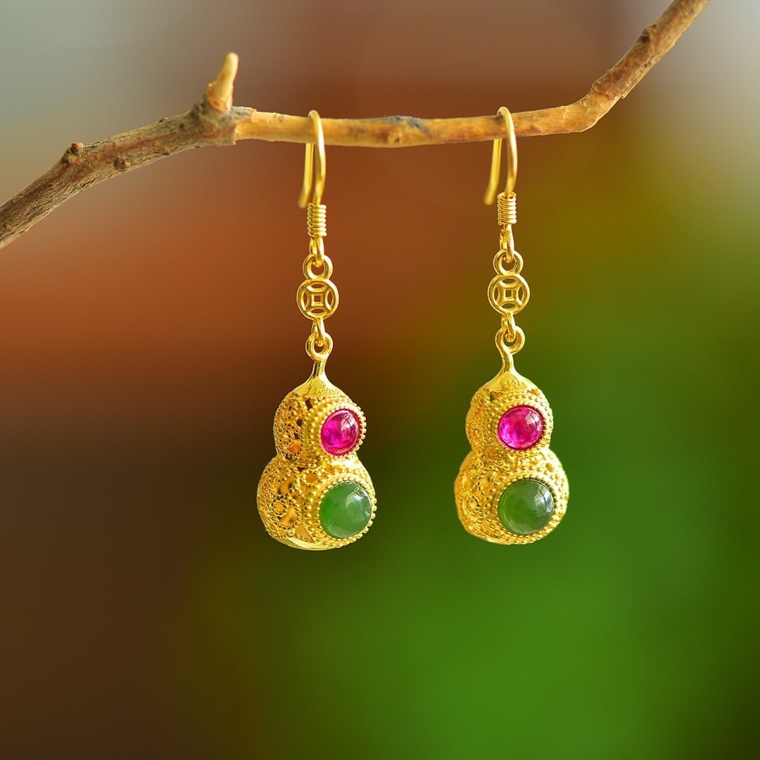 A Pair of Exquisite Sterling Silver-Gold Plated Inlaid Jasper Earrings,Inlaid Diamond: A Pair of Exquisite Sterling Silver-Gold Plated Inlaid Jasper Earrings,Inlaid Diamond 