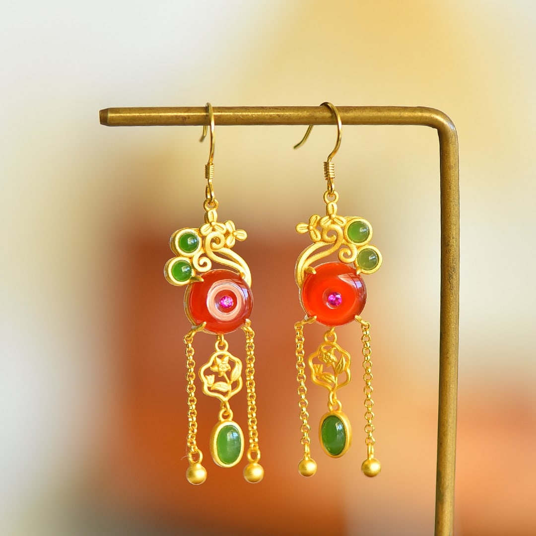 A Pair of Exquisite Sterling Silver-Gold Plated Inlaid Agate Earrings,Inlaid Jasper: A Pair of Exquisite Sterling Silver-Gold Plated Inlaid Agate Earrings,Inlaid Jasper,Size:0.4inx0.4in 