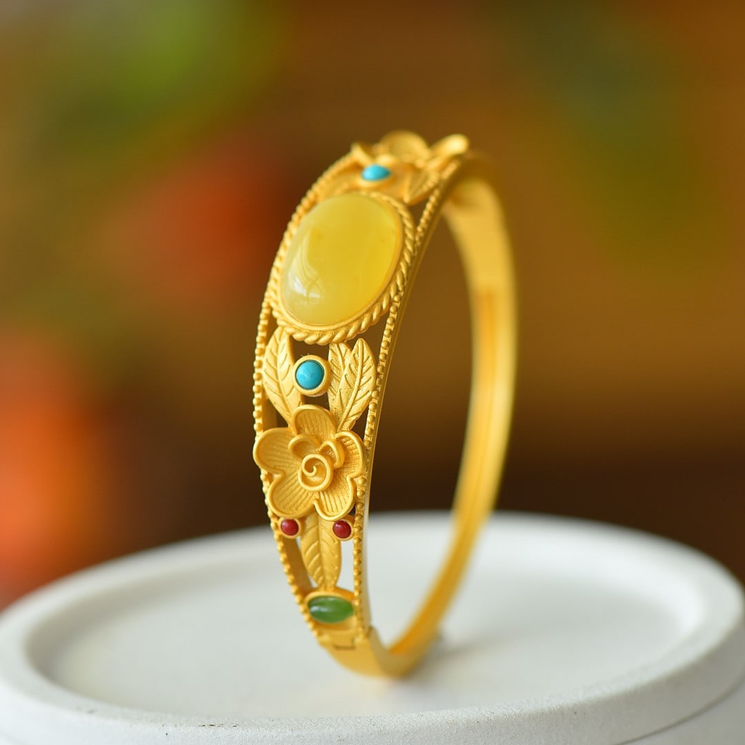 An Exquisite Sterling Silver-Gold Plated Inlaid Amber Bracelets,Inlaid Turquoise With Jasper: An Exquisite Sterling Silver-Gold Plated Inlaid Amber Bracelets,Inlaid Turquoise With Jasper 