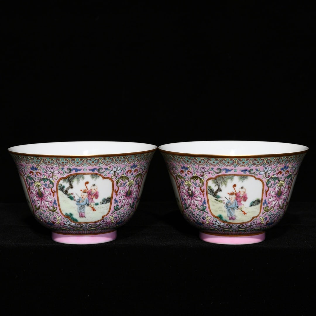 A Pair of Exquisite Famille-Rose Character and Story Pattern Cups: A Pair of Exquisite Famille-Rose Character and Story Pattern Cups,Qing Dynasty,China,Jiaqing Six-character Mark,Size:2.7inx4.3in 
