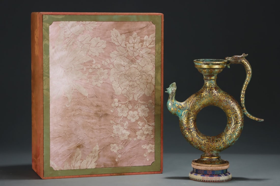 An Exquisite Bronze Inlaid Gold Dragon Pattern Loop-Handled Pot,with Inscription: An Exquisite Bronze Inlaid Gold Dragon Pattern Loop-Handled Pot,with Inscription,Size:11inx9.6in,Qing Dynasty,China 