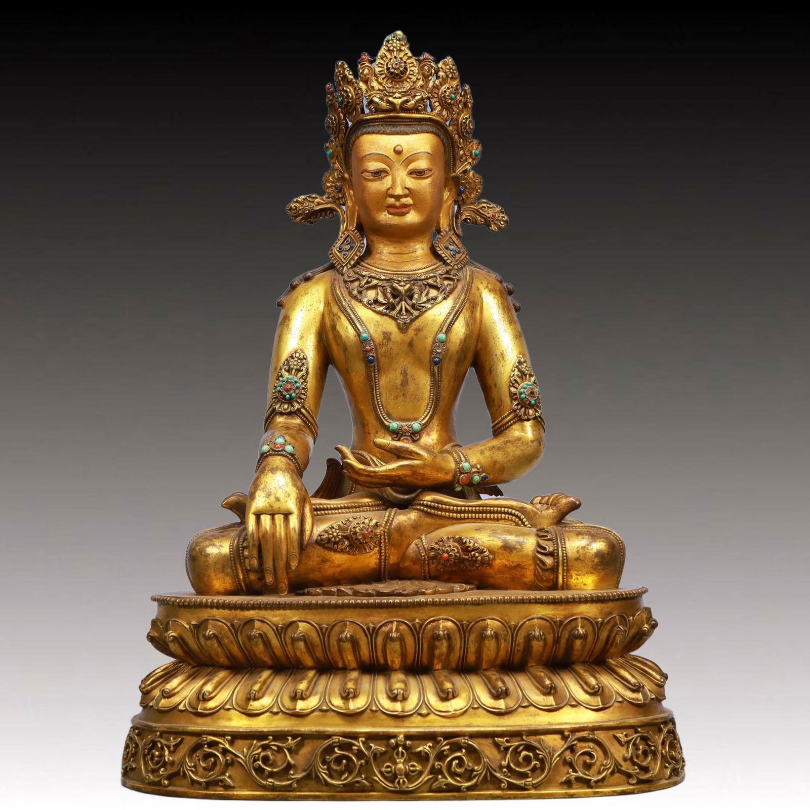 A Solemn Gilt Bronze Statue of Avalokitesvara, Inlaid Gems (1 of 13)