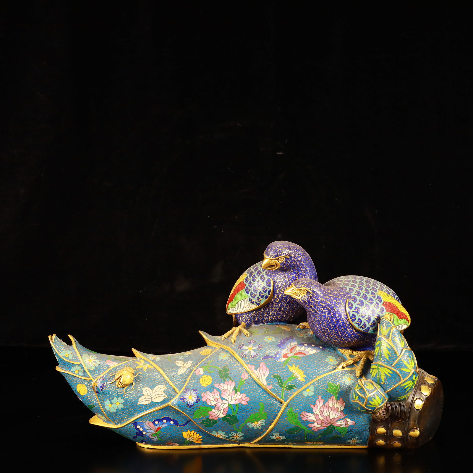 A Huge Cloisonne Flower and Butterfly Pattern Mandarin Duck Ornament: A Huge Cloisonne Flower and Butterfly Pattern Mandarin Duck Ornament,(A type of enamelware with metal wires separating colored glaze, originating in China),Qing
