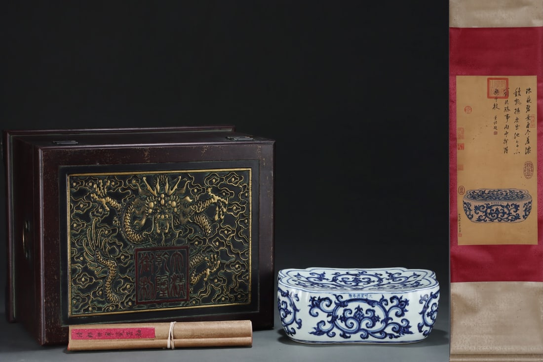 An Exquisite Blue and White Lotus Pattern Pillow,with Chinese Vertical Scroll Ink Painting on Silk: An Exquisite Blue and White Lotus Pattern Pillow,with Chinese Vertical Scroll Ink Painting on Silk,Ming Dynasty,China,Xuande Six-character Mark,Size:(Without