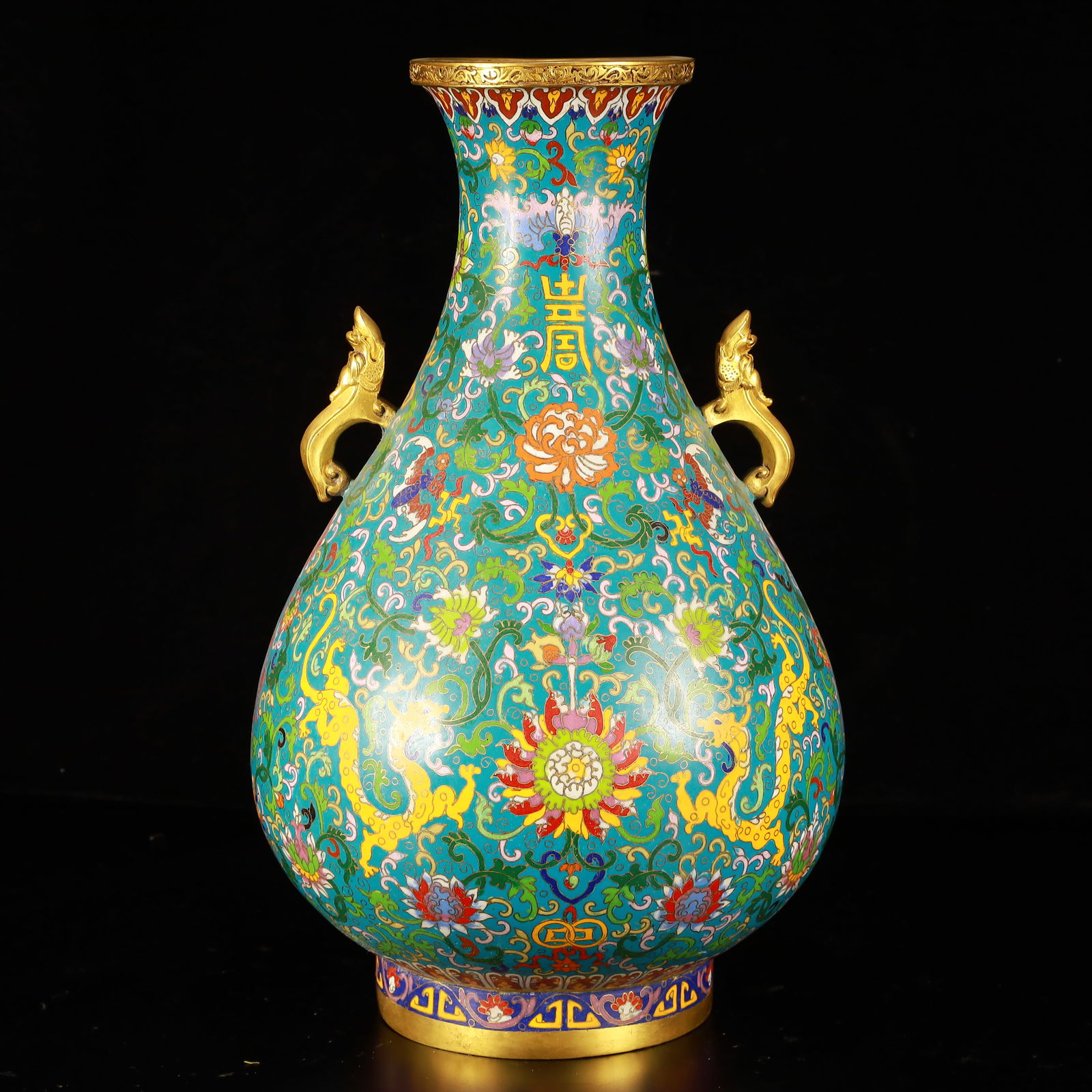 A Huge Cloisonne Lotus Dragon and Pattern Double-Ears Vase: A Huge Cloisonne Lotus Dragon and Pattern Double-Ears Vase,(A type of enamelware with metal wires separating colored glaze, originating in China),Qing Dynasty,China,Yongzheng Four-character