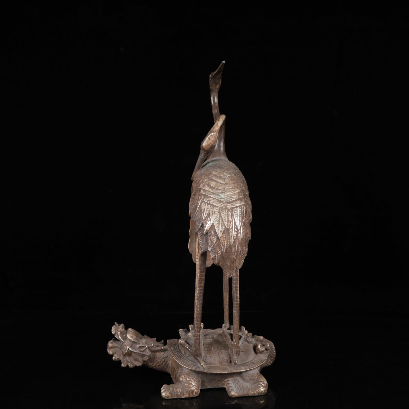 A Huge Silver-plated Crane Turtle Ornament: A Huge Silver-plated Crane Turtle Ornament,Qing Dynasty,China,Size:8.7inx9.1inx16.9in,Weight:3500g 镀银仙鹤龟摆件,中国清代