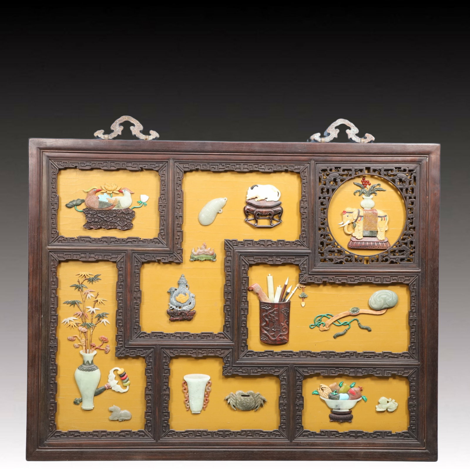 An Exquisite Zitanwood Inlaid Gems Flower and Bird Pattern Hanging Panel: An Exquisite Zitanwood Inlaid Gems Flower and Bird Pattern Hanging Panel,Qing Dynasty, China,Size:35.4inx27.6inx1.2in 