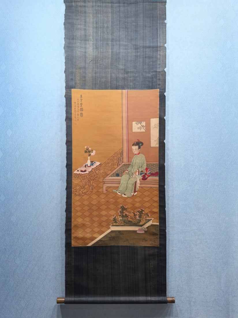 A Chinese Vertical Scroll Ink Painting of Character and Story on Silk: A Chinese Vertical Scroll Ink Painting of Character and Story on Silk,Chou Ying,Size:21.4inx38.6in 