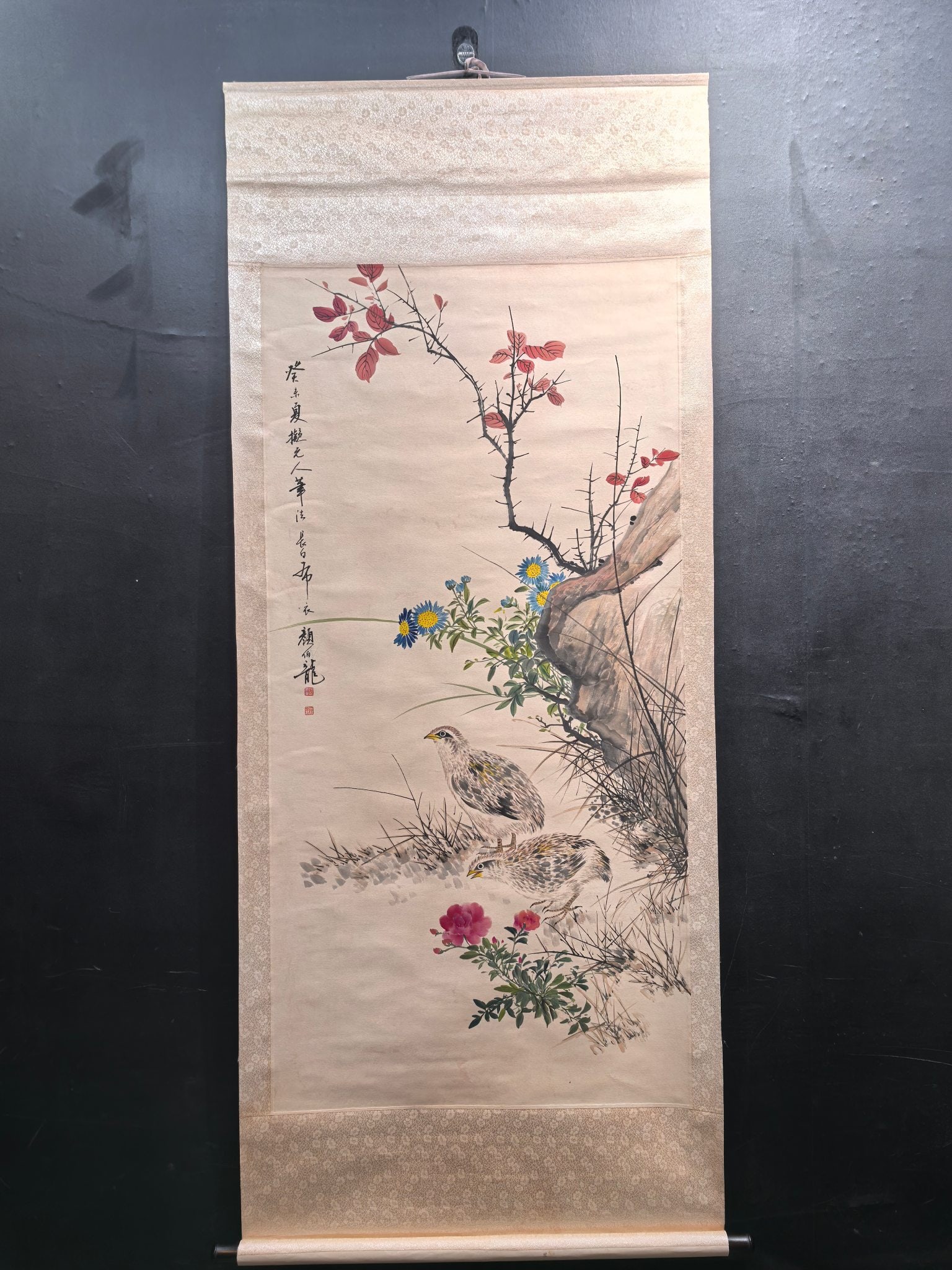 A Chinese Vertical Scroll Ink Painting of Flower and Bird on Paper: A Chinese Vertical Scroll Ink Painting of Flower and Bird on Paper,Yan Bolong,Size:27.1inx54.7in 
