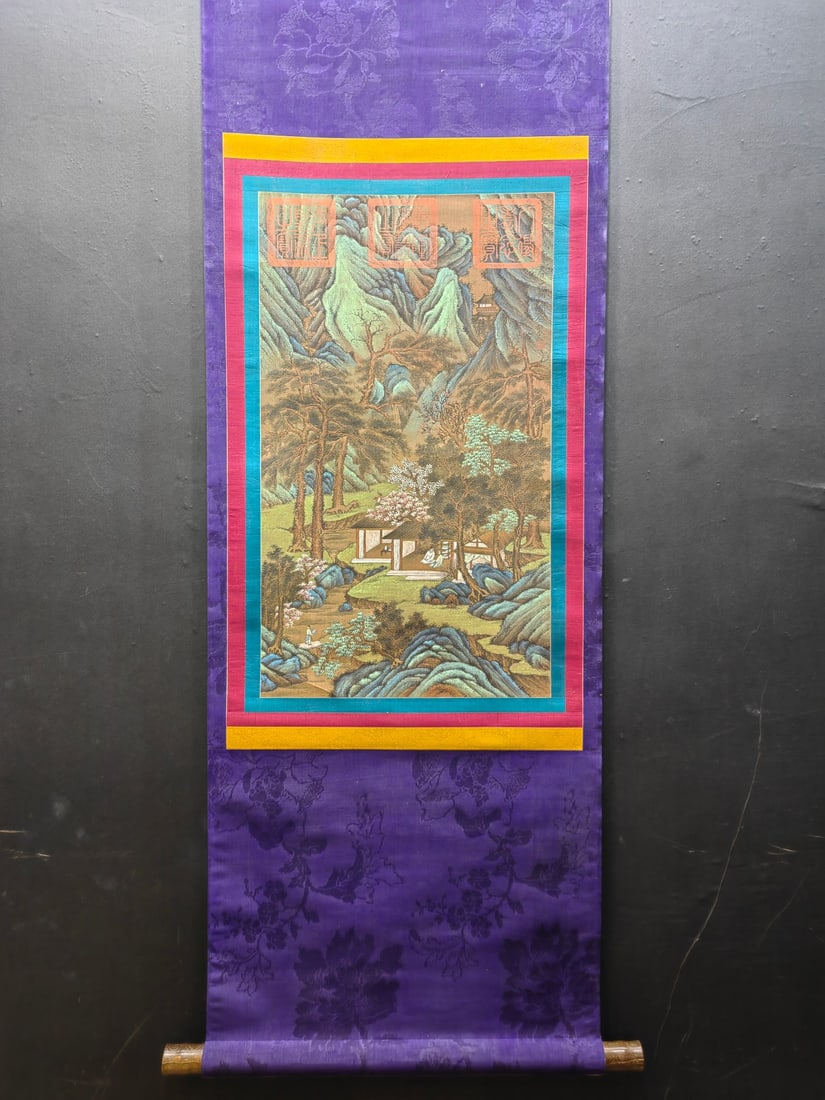 A Chinese Vertical Scroll Ink Painting of Landscape on Silk: A Chinese Vertical Scroll Ink Painting of Landscape on Silk,Guan Tong,Size:14.2inx24.5in 