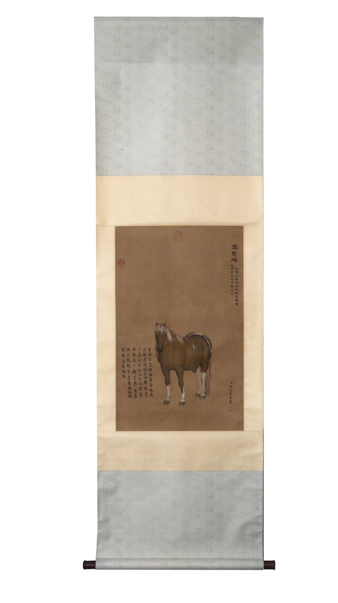 A Chinese Vertical Scroll Ink Painting of Horse on Silk: A Chinese Vertical Scroll Ink Painting of Horse on Silk,Lang Shining,Size:19.7inx31.5in 