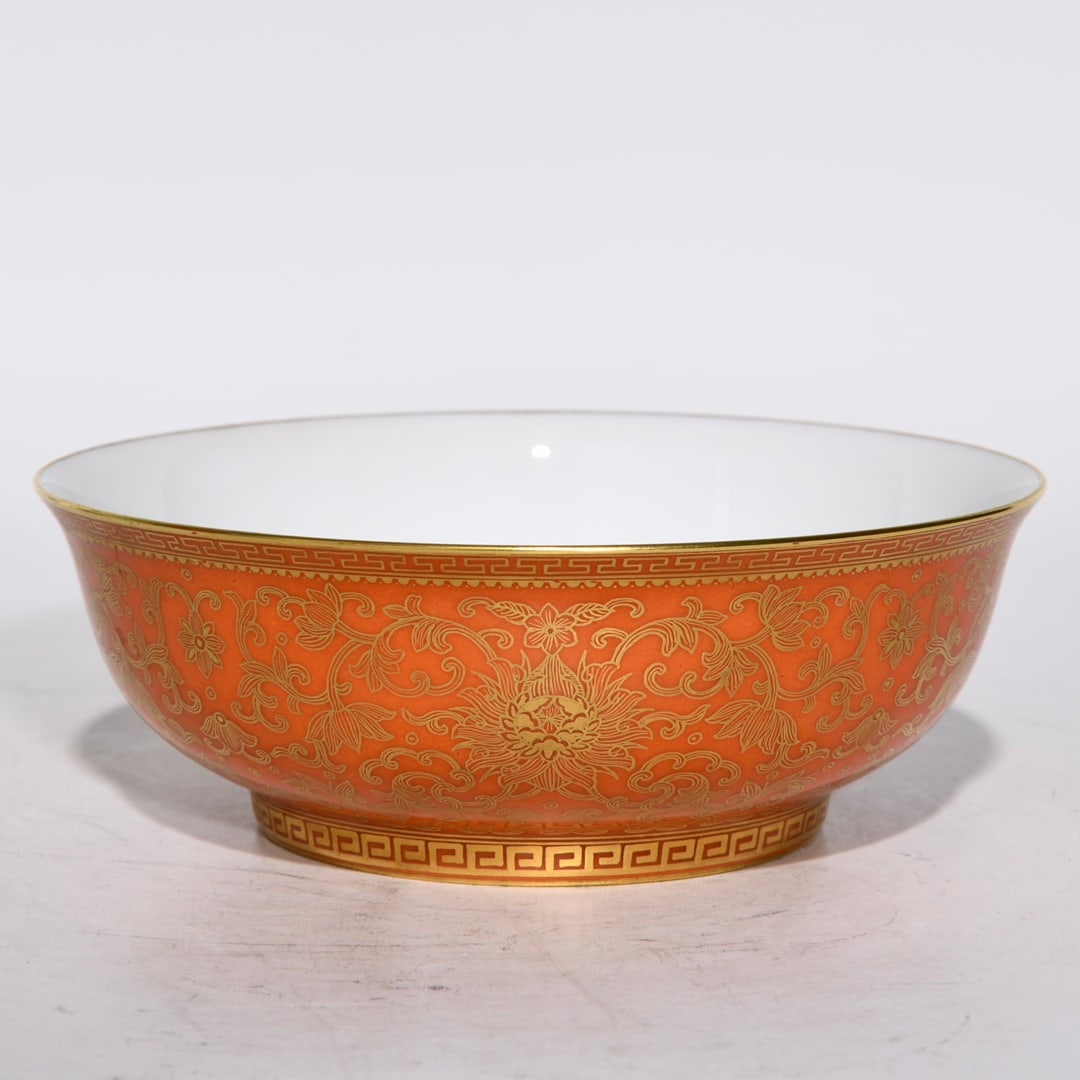 An Exquisite Coral Red Glazed Painted Gold Lotus Pattern Bowl: An Exquisite Coral Red Glazed Painted Gold Lotus Pattern Bowl,Qing Dynasty,China,Yongzheng Four-character Mark,Size:1.8inx5in 