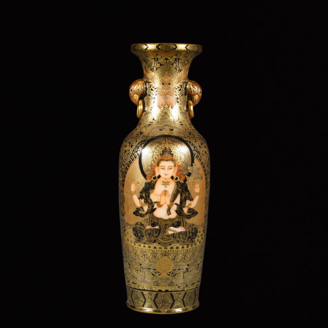 An Exquisite Enamel Painted Gold Statue of Bodhisattva Double-Ears Vase: An Exquisite Enamel Painted Gold Statue of Bodhisattva Double-Ears Vase,Qing Dynasty,China,Qianlong Four-character Mark,Size:3inx17.1in 