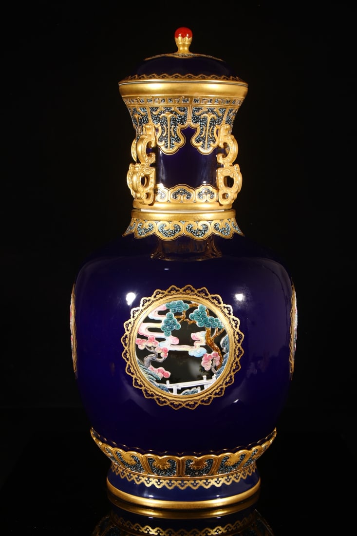 A Huge Ji Blue Glazed Painted Gold Landscape Pattern Bottle: A Huge Ji Blue Glazed Painted Gold Landscape Pattern Bottle,Qing Dynasty,China,Qianlong Six-character Mark,Size:29.5inx8.3in 