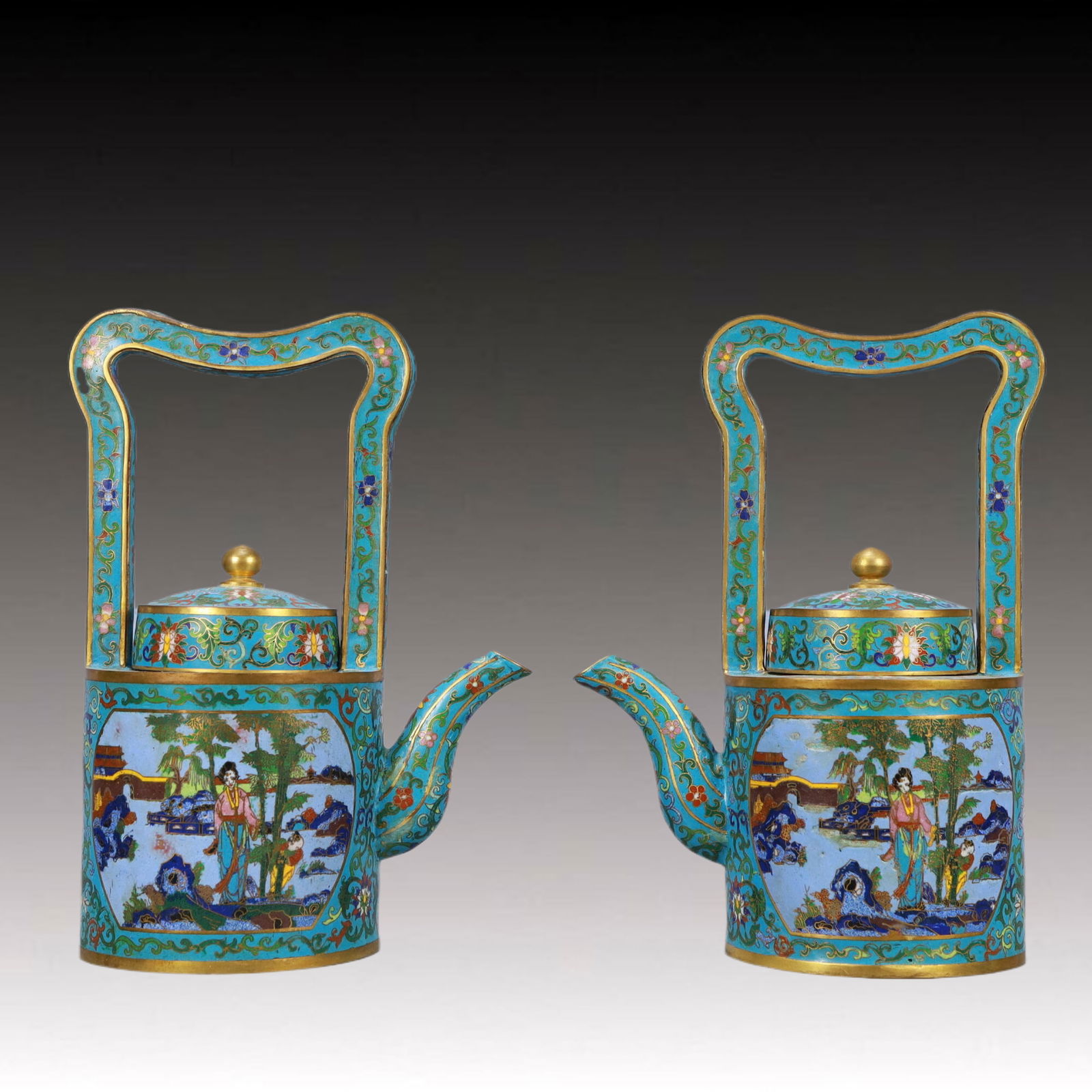 A Pair of Rare Cloisonne Figure Pattern Ewers: A Pair of Rare Cloisonne Figure Pattern Ewers,Qing Dynasty,China,Qianlong Four-character Mark,Size:8.7inx6.3inx12.6in,Total Weight:3600g 