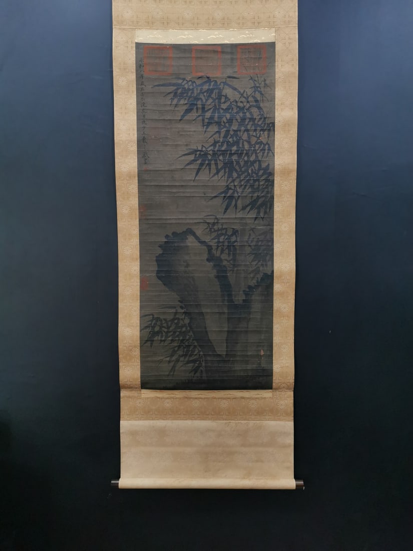 A Chinese Vertical Scroll Ink Painting of Bamboo on Paper: A Chinese Vertical Scroll Ink Painting of Bamboo on Paper,Wang Xizhi,Size:40.9inx16.1in 一幅中国水墨竹画立轴,王羲之