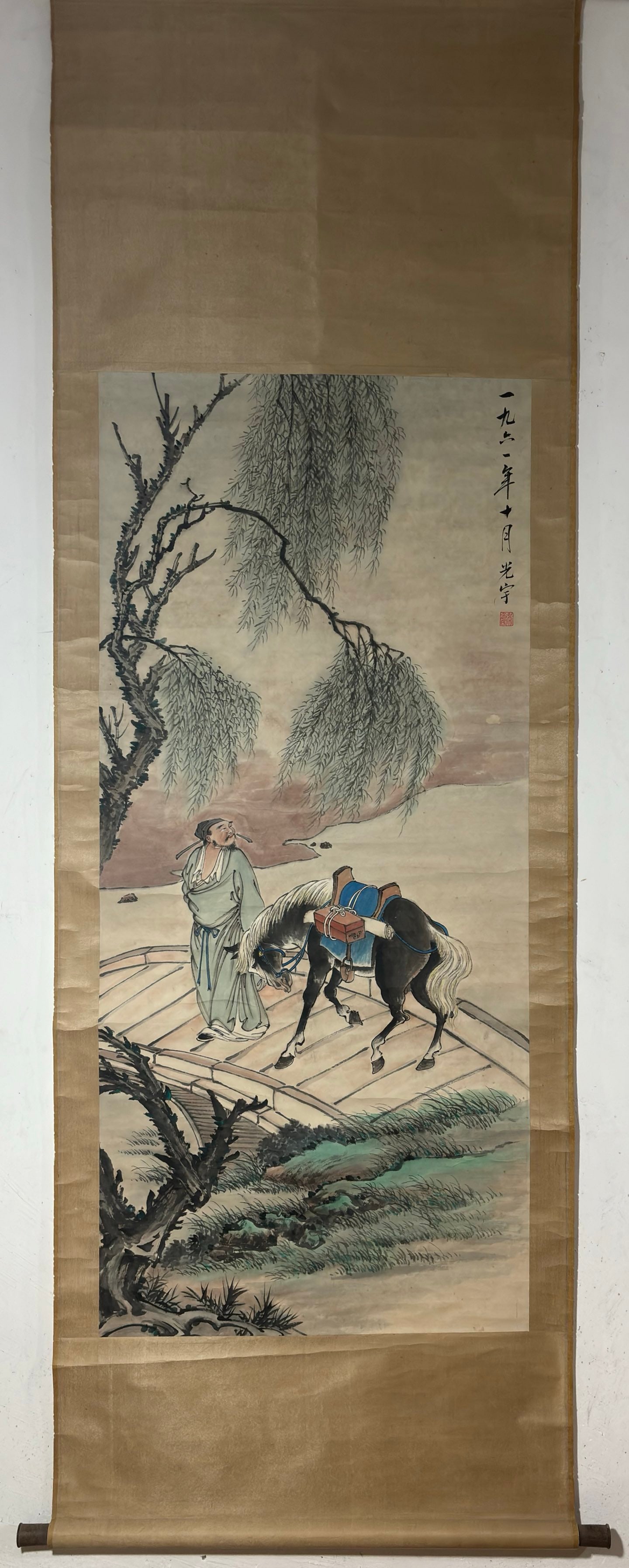 A Chinese Vertical Scroll Ink Painting of Character and Story on Paper: A Chinese Vertical Scroll Ink Painting of Character and Story on Paper,Wu Guangyu,Size:53.9inx24.2in 一幅中国水墨人物故事画立