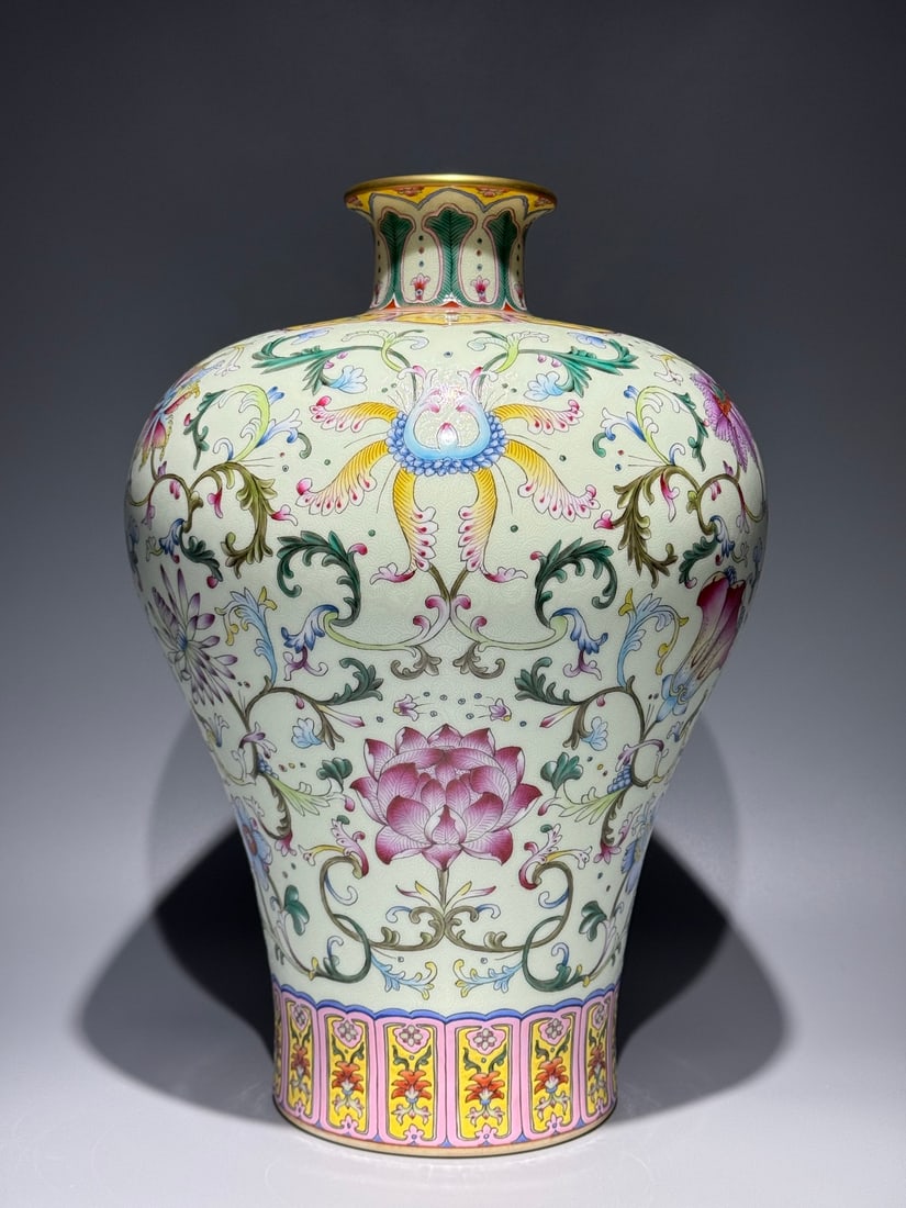 A Rare Green Ground Enamel Lotus Pattern Vase: A Rare Green Ground Enamel Lotus Pattern Vase,Qing Dynasty,China,Qianlong Six-character Mark,Size:15inx9.8in 绿地珐琅彩缠枝莲纹瓶,中&#