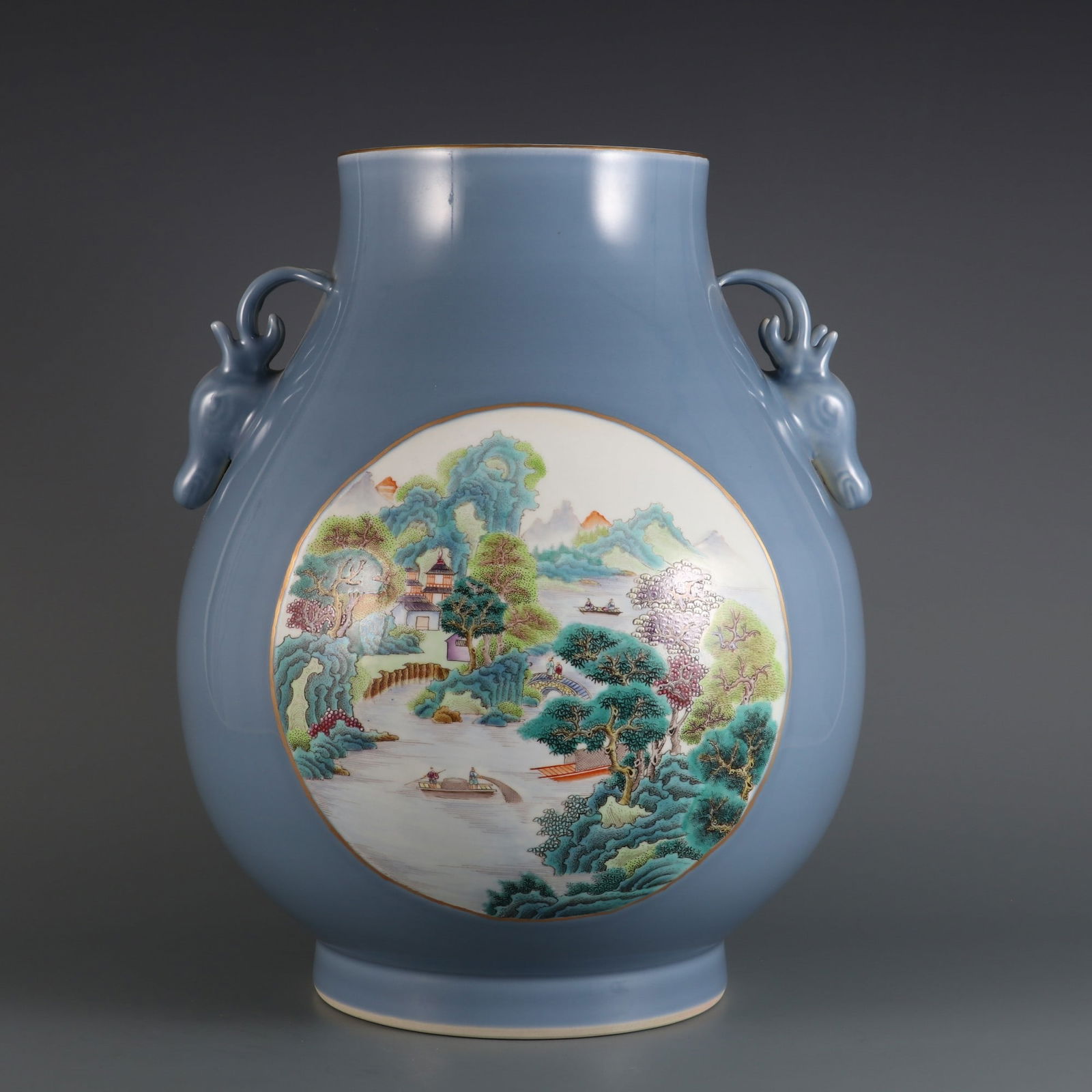 An Exquisite Sky Blue Glazed Famille-Rose Landscape and Figure Pattern Deer-Ears Vase: An Exquisite Sky Blue Glazed Famille-Rose Landscape and Figure Pattern Deer-Ears Vase,Qing Dynasty,China,Qianlong Six-character Mark,Size:14.4inx11in 