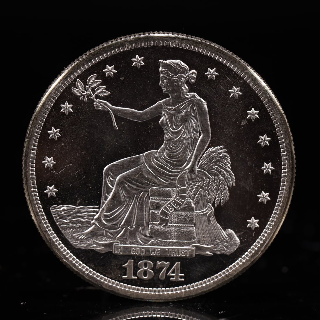 USA Trade Dollar 1874 Coin: American coin. Obverse: Liberty seated on a pedestal facing the sea to the left holding olive branches surrounded by 13 stars. IN GOD WE TRUST / LIBERTY / 1874. Reverse: An eagle holding branches