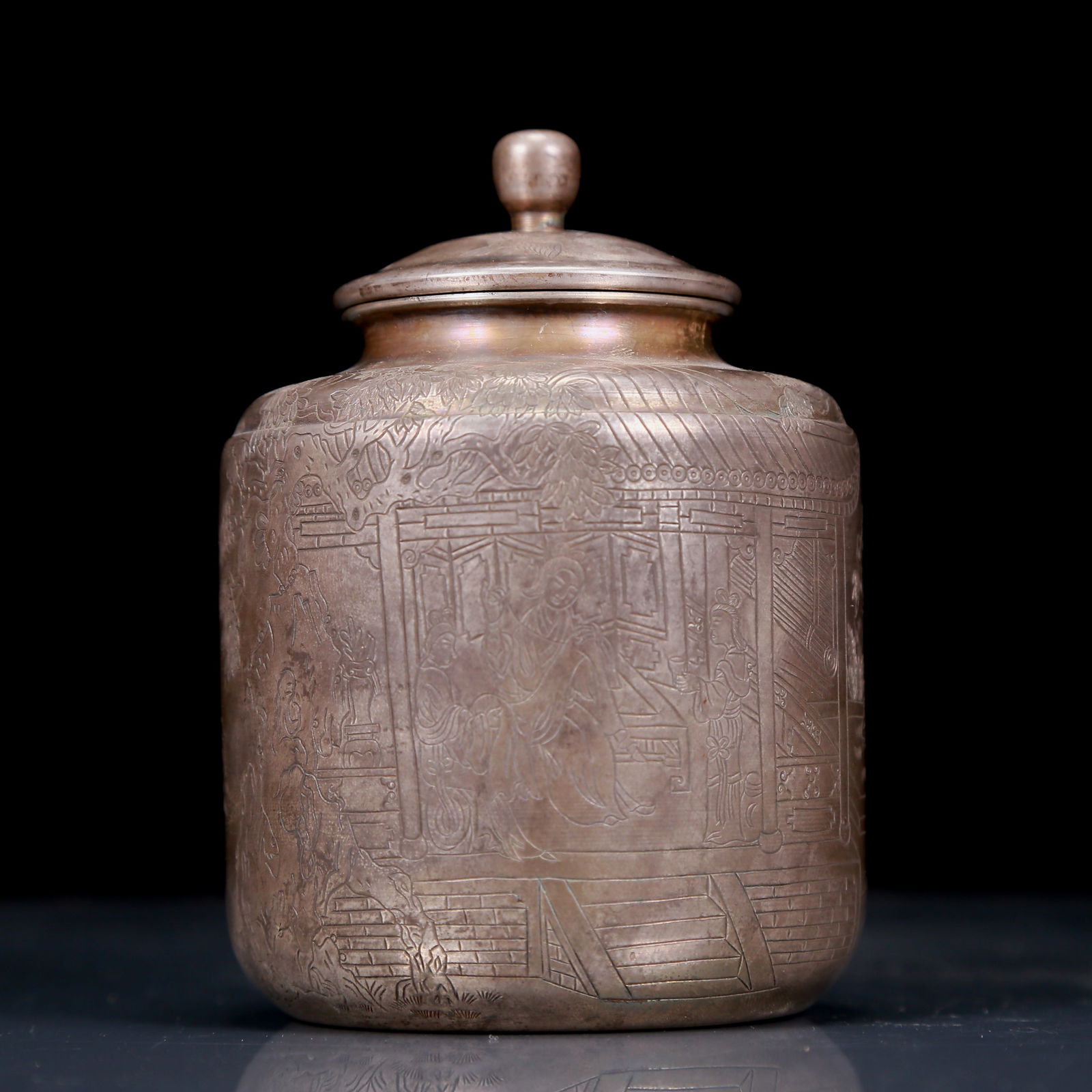 An Exquisite Silver Character and Story Pattern Jar: An Exquisite Silver Character and Story Pattern Jar,Qing Dynasty, China,Size:3.3inx4.5in,Weight:295g 银人物故事图盖罐,清代