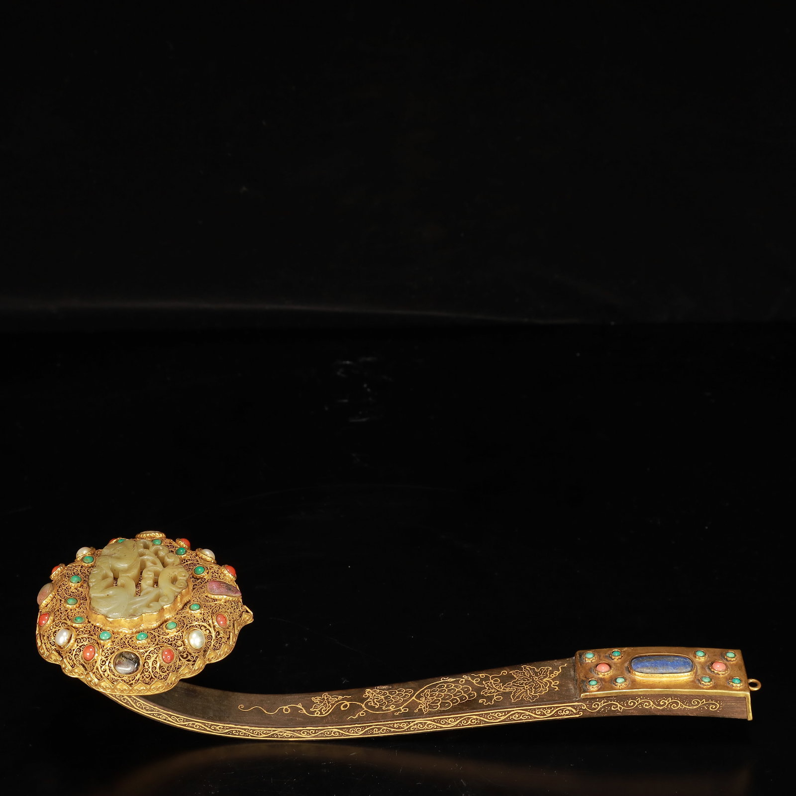 A Rare Cloisonne Gilt Grapes Pattern Inlaid White Jade Ruyi,Inlaid Gems: A Rare Cloisonne Gilt Grapes Pattern Inlaid White Jade Ruyi,Inlaid Gems,Qing Dynasty, China,Qianlong Four-character Mark,Size:11.8inx3.5inx3.5in,Weight:250g 掐丝珐琅鎏