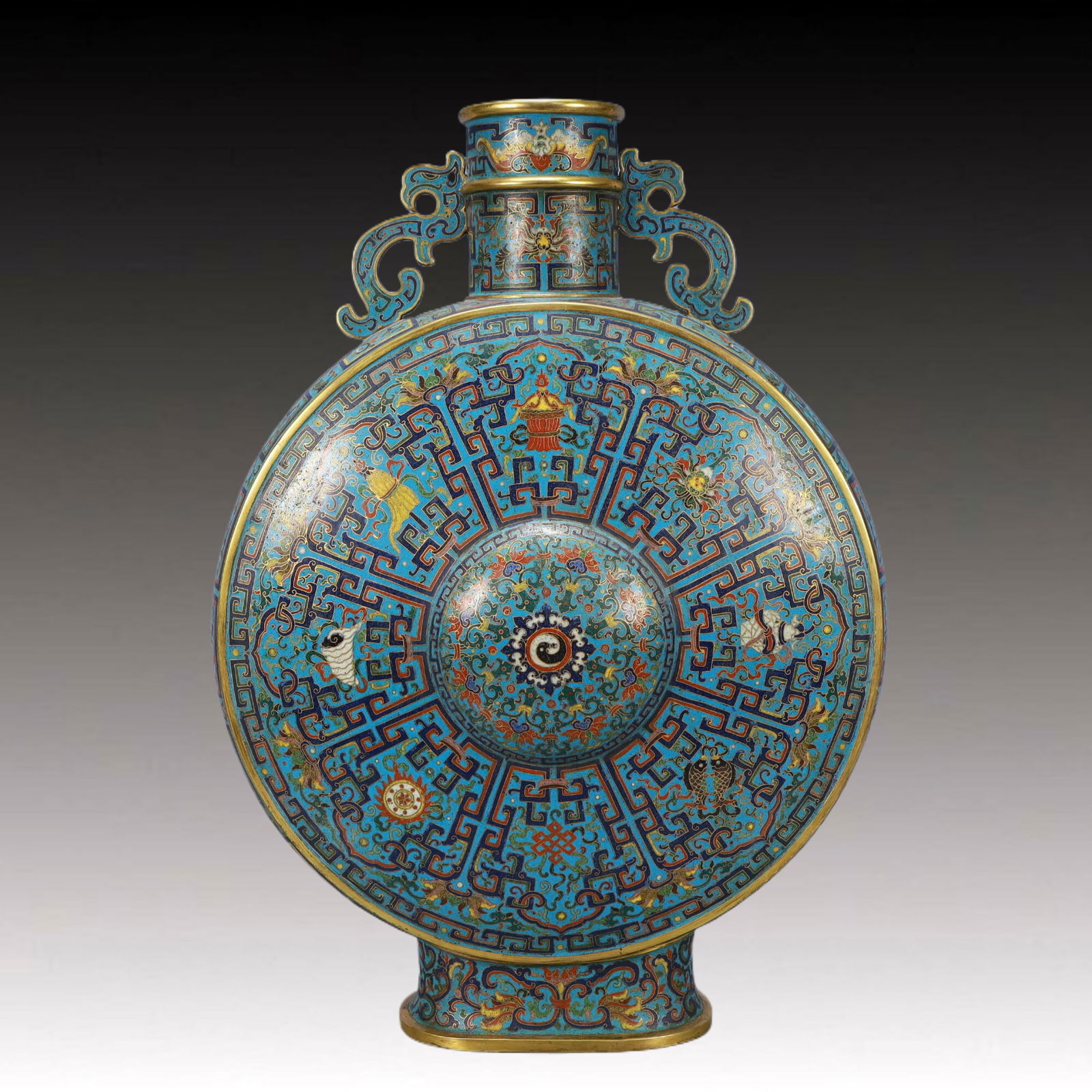 A Huge Cloisonne Eight Treasures Pattern Double-Ears Vase: A Huge Cloisonne Eight Treasures Pattern Double-Ears Vase,Qing Dynasty,China,Qianlong Four-character Mark,Size:15inx3.9inx19.7in,Weight:7000g 景泰蓝八宝纹双&#