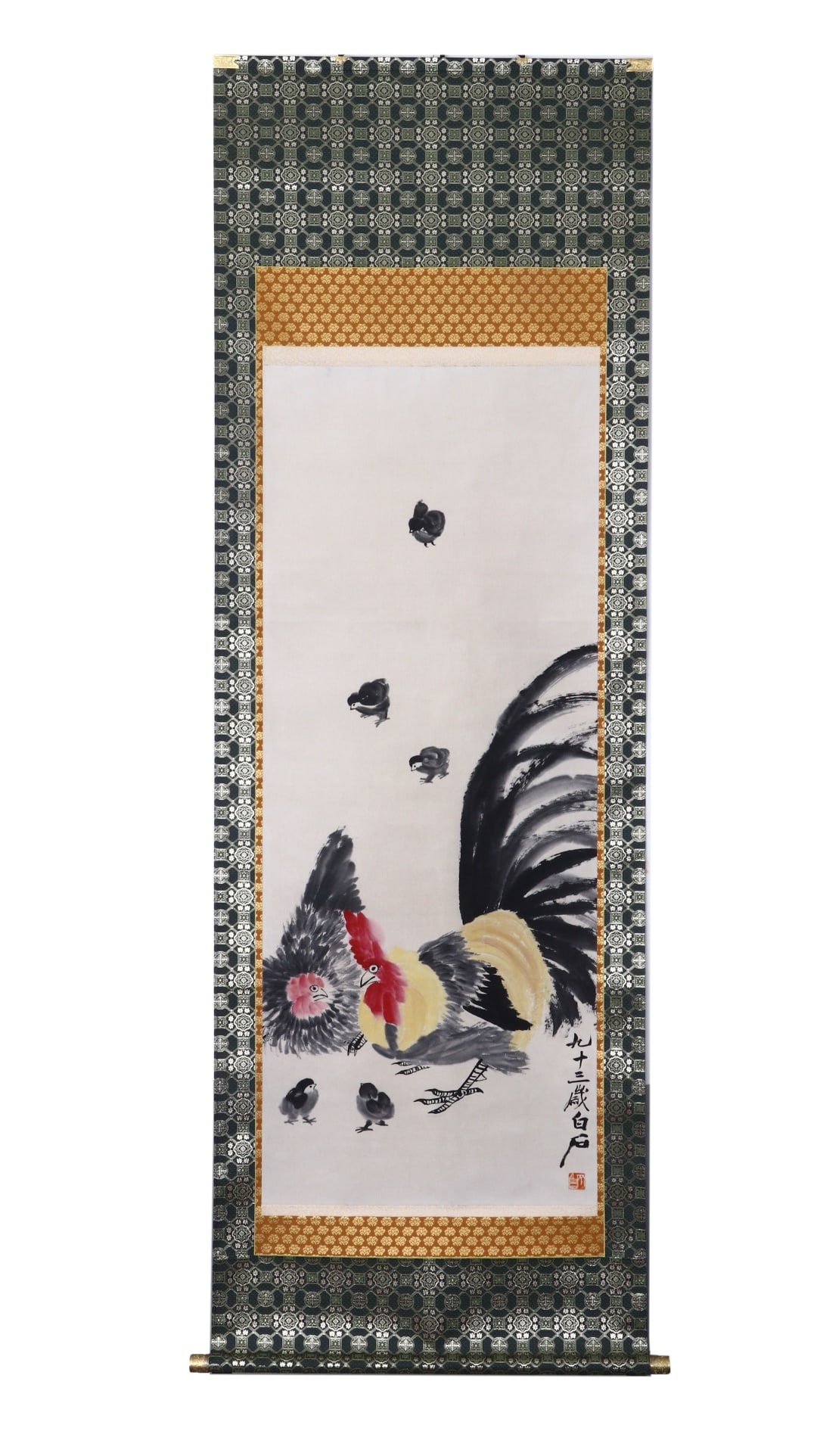 A Chinese Vertical Scroll Ink Painting of Rooster on Paper: A Chinese Vertical Scroll Ink Painting of Rooster on Paper,Qi Baishi,Size:51.2inx20.1in 一幅中国水墨鸡画立轴,齐白石