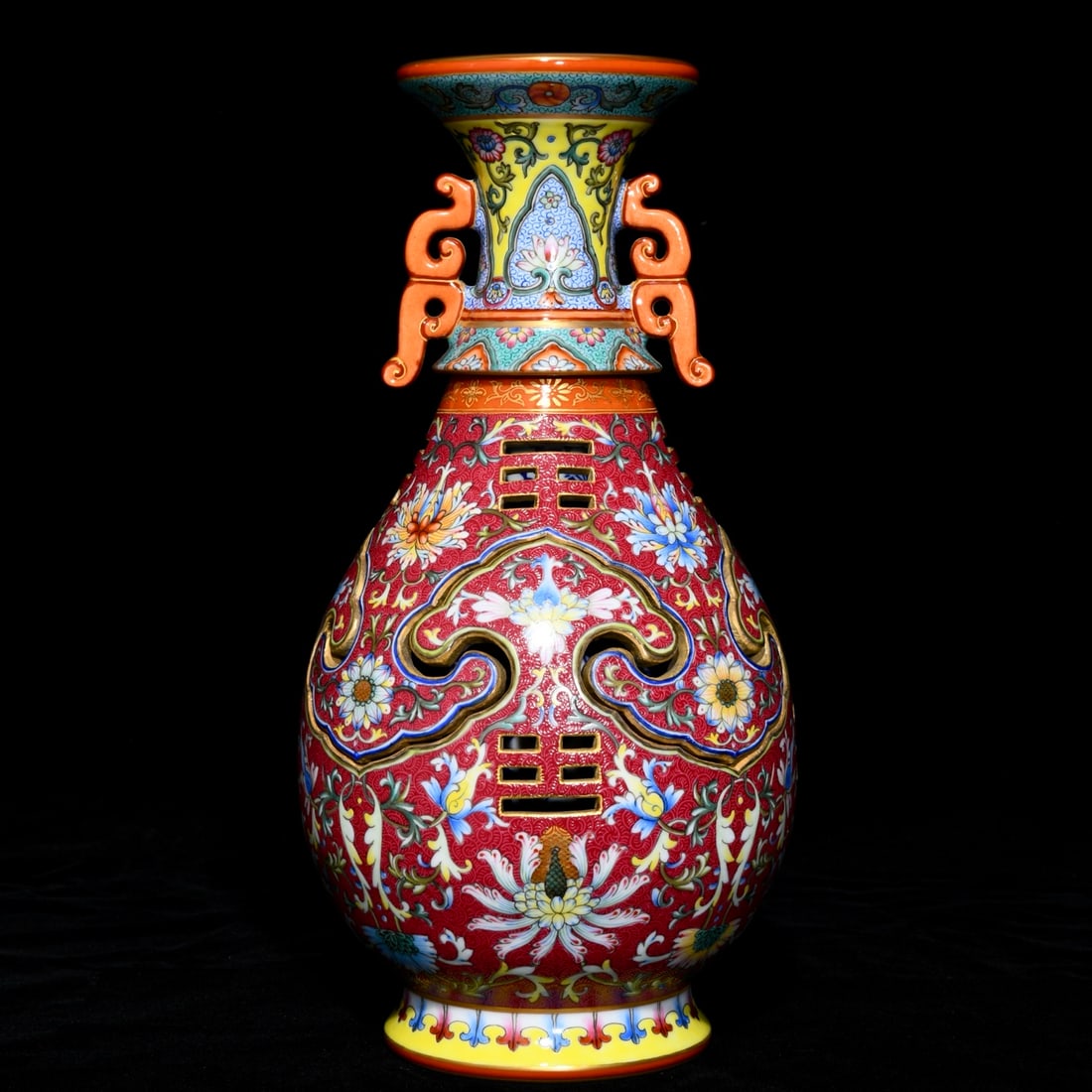 A Rare Ruby Red-Glazed Famille-Rose Lotus Pattern Double-Ears Vase (1 of 9)