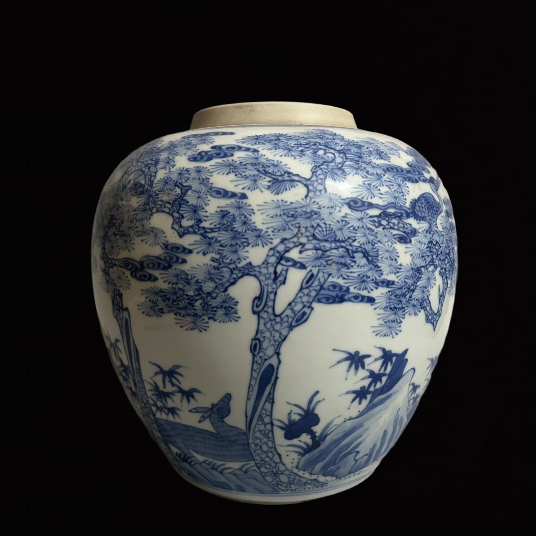 An Exquisite Blue and White Pine and Crane Pattern Jar: An Exquisite Blue and White Pine and Crane Pattern Jar,Qing Dynasty,China,Size:6.5inx8.7in
