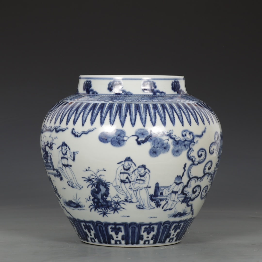 An Exquisite Blue and White Character and Story Pattern Jar: An Exquisite Blue and White Character and Story Pattern Jar,Ming Dynasty,China,Chenghua Six-character Mark,Size:10inx10.8in 青花人物故事纹罐,中