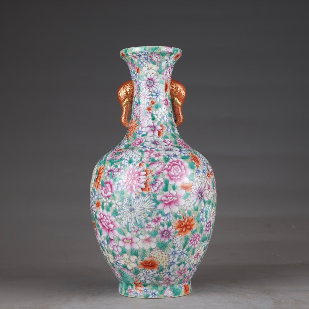 An Exquisite Enamel Flower Pattern Elephant-Ears Vase: An Exquisite Enamel Flower Pattern Elephant-Ears Vase,Qing Dynasty,China,Jiaqing Six-character Mark,Size:11inx5.9in 