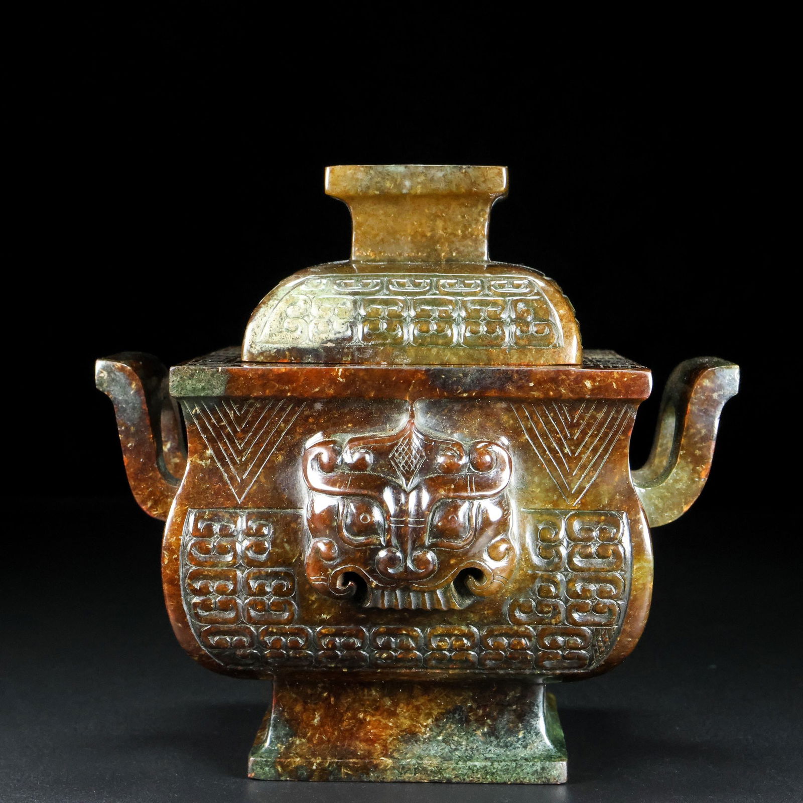 An Exquisite Archaic Jade Beast-Face Pattern Double-Ears Censer: An Exquisite Archaic Jade Beast-Face Pattern Double-Ears Censer,Ancient Time,China,Size:5.7inx5.9inx5.1in,Weight:1164g 高古玉兽面纹双耳香炉,