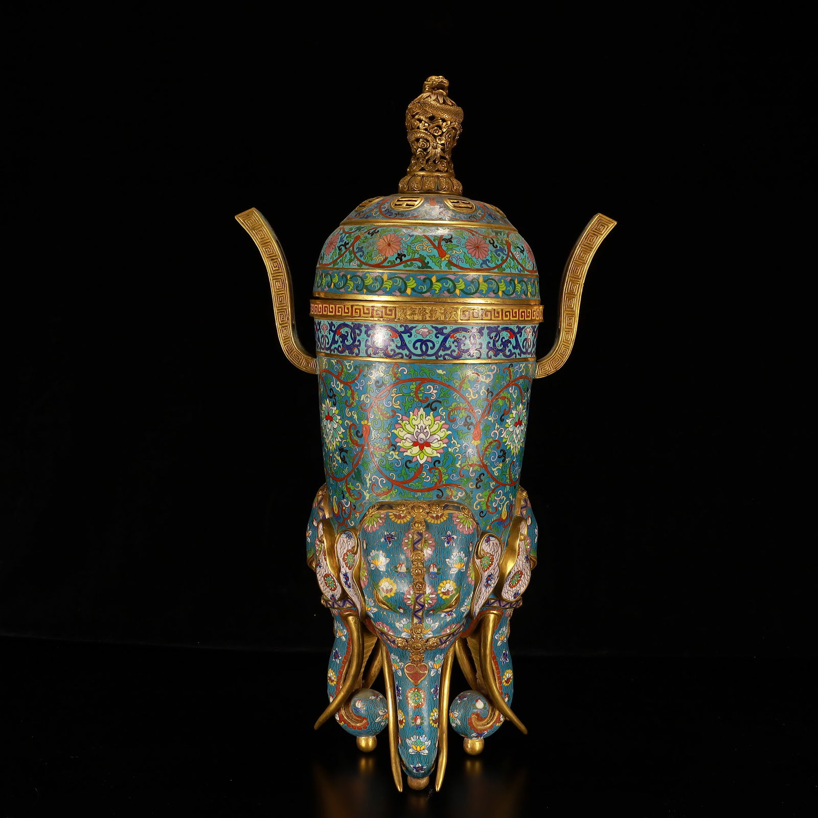A Huge Cloisonne Lotus Pattern Double-Ears Elephant-Legs Censer: A Huge Cloisonne Lotus Pattern Double-Ears Elephant-Legs Censer,(A type of enamelware with metal wires separating colored glaze, originating in China),Qing