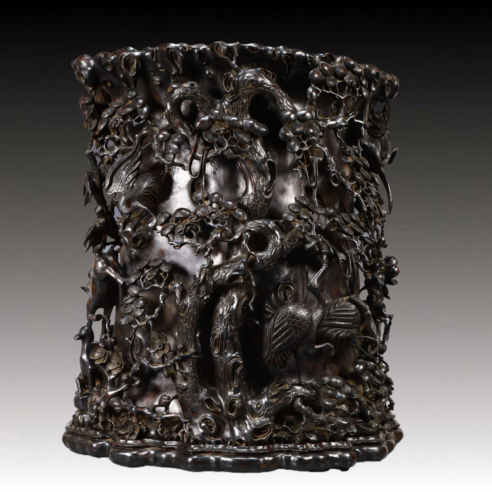 A Huge Zitanwood Pine and Crane Pattern Brush Pot: A Huge Zitanwood Pine and Crane Pattern Brush Pot,Qing Dynasty, China,Size:19.9inx17.3inx22in,Weight:27700g 