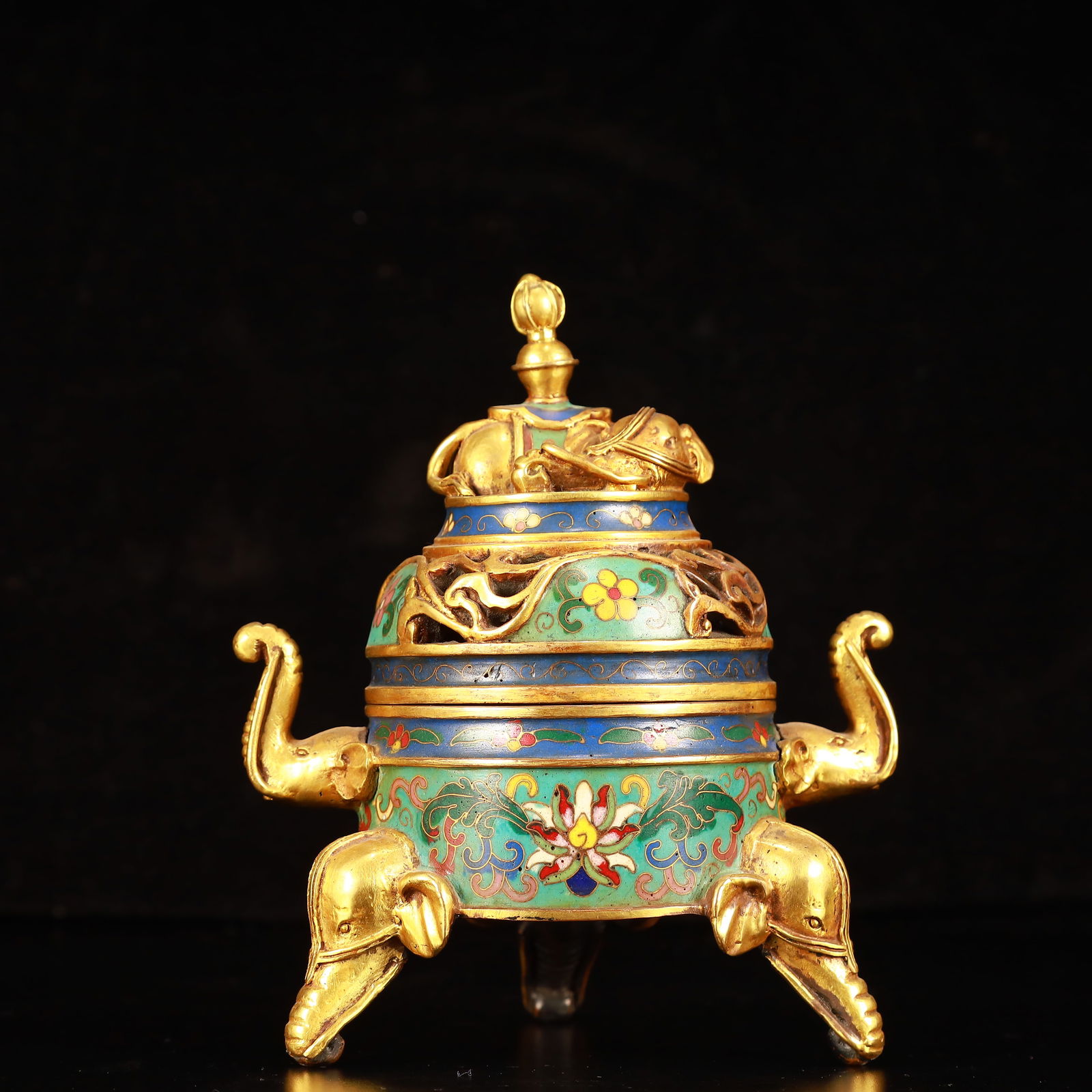 An Exquisite Cloisonne Lotus Pattern Elephant-Ears Tripod Censer: An Exquisite Cloisonne Lotus Pattern Elephant-Ears Tripod Censer,(A type of enamelware with metal wires separating colored glaze, originating in China),Ming Dynasty,China,Xuande Six-character