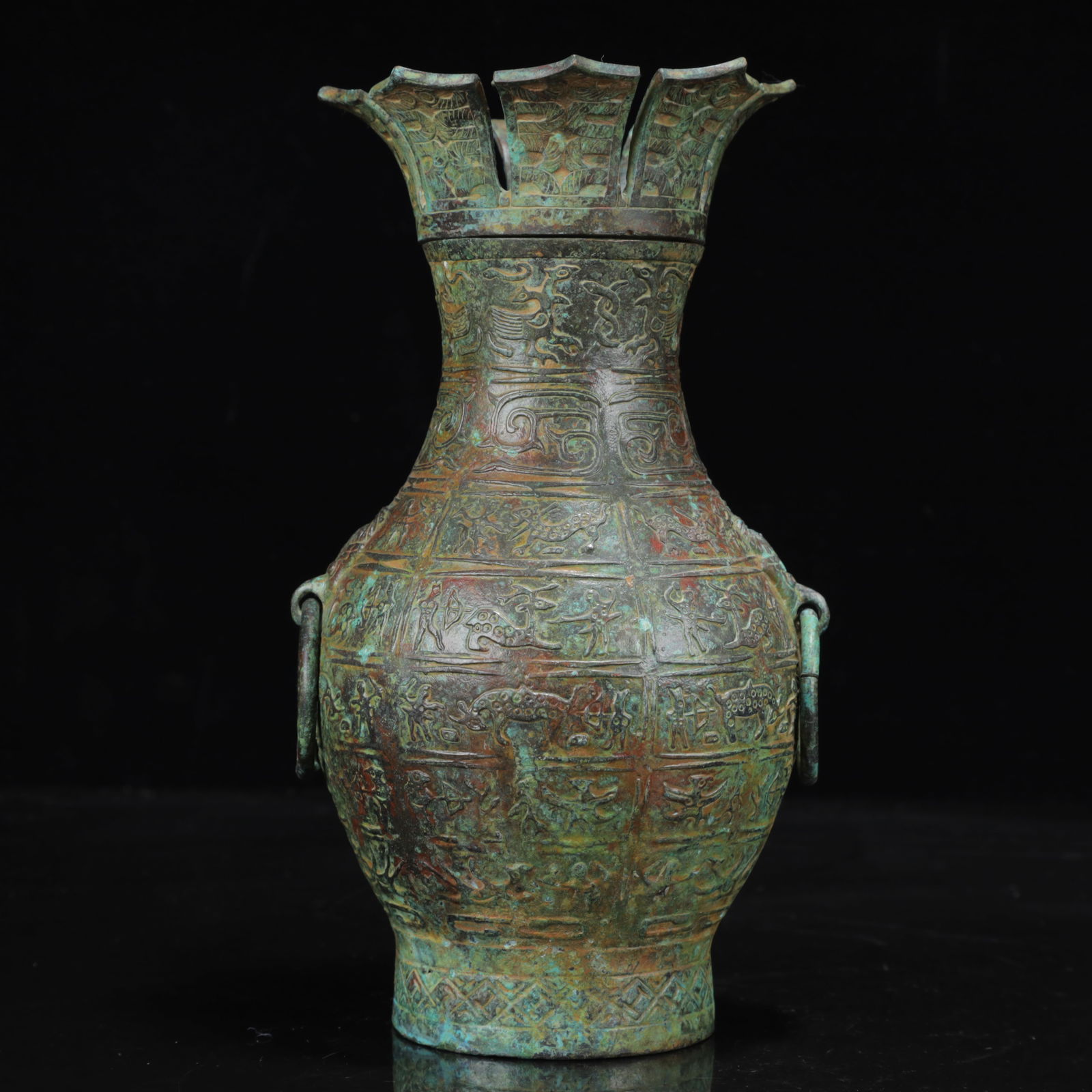 An Archaic Bronze Auspicious Beast Pattern Beast-Ears Vase: An Archaic Bronze Auspicious Beast Pattern Beast-Ears Vase,the Warring States Period in China,Size:4.7inx8.7in,Weight:1200g 