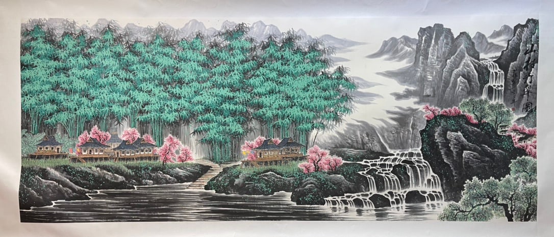 A Chinese Ink Painting of Landscape on Paper: A Chinese Ink Painting of Landscape on Paper,Zhang Bu,Size:70.9inx38.2in 一幅中国水墨山水画,张步