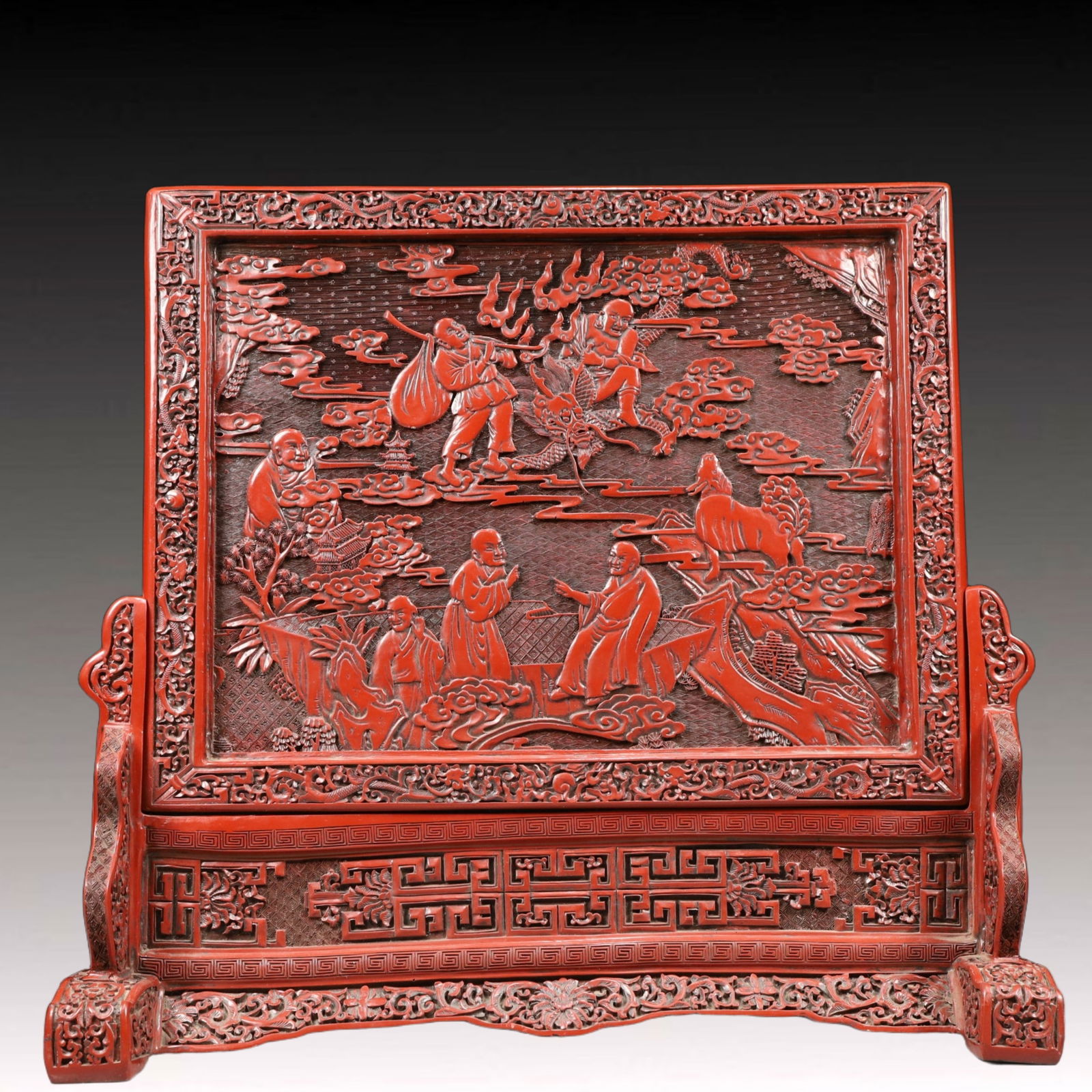 A Rare Carved Red Lacquer Arhat Pattern Table Screen (1 of 10)
