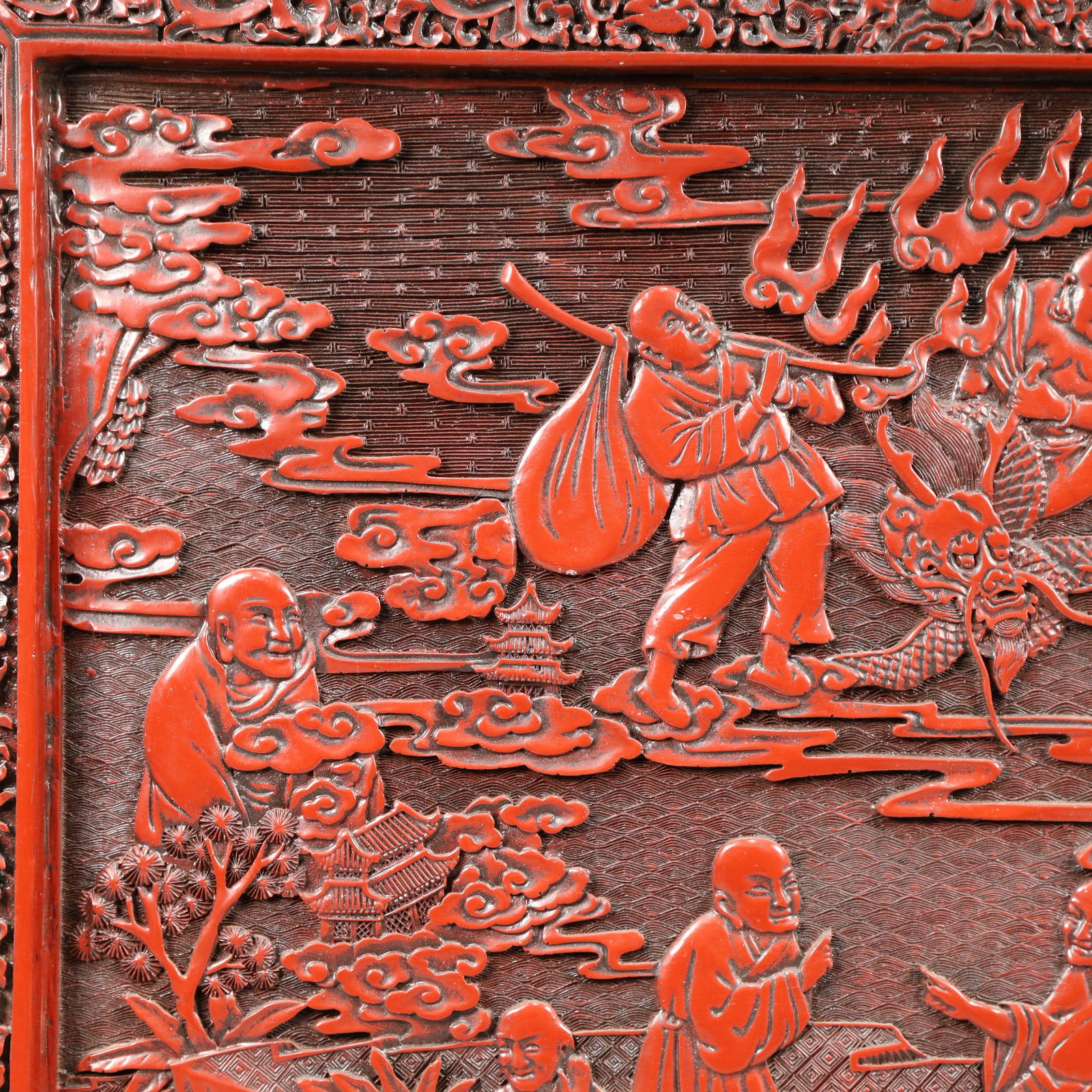 A Rare Carved Red Lacquer Arhat Pattern Table Screen - 3