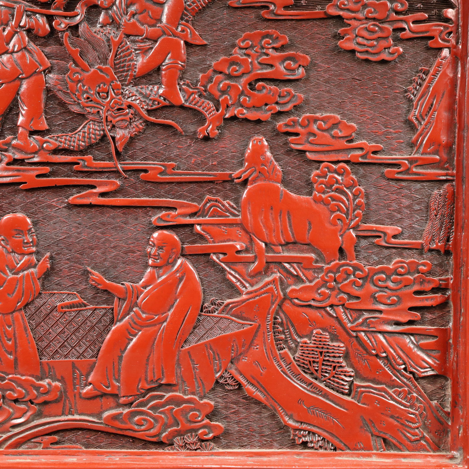 A Rare Carved Red Lacquer Arhat Pattern Table Screen - 5