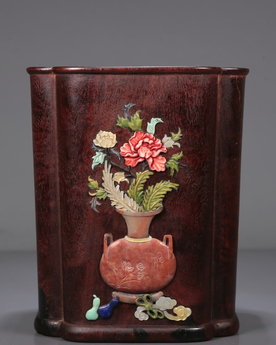 A Fabulous Zitanwood Gem-Inlaid 'Flower' Brush Pot: A Fabulous Zitanwood Gem-Inlaid 'Flower' Brush Pot. Inlaid in polychrome with flowers, vases, and carved with inscriptions. Chinese Qing Dynasty. Size:4.5inx5.3in