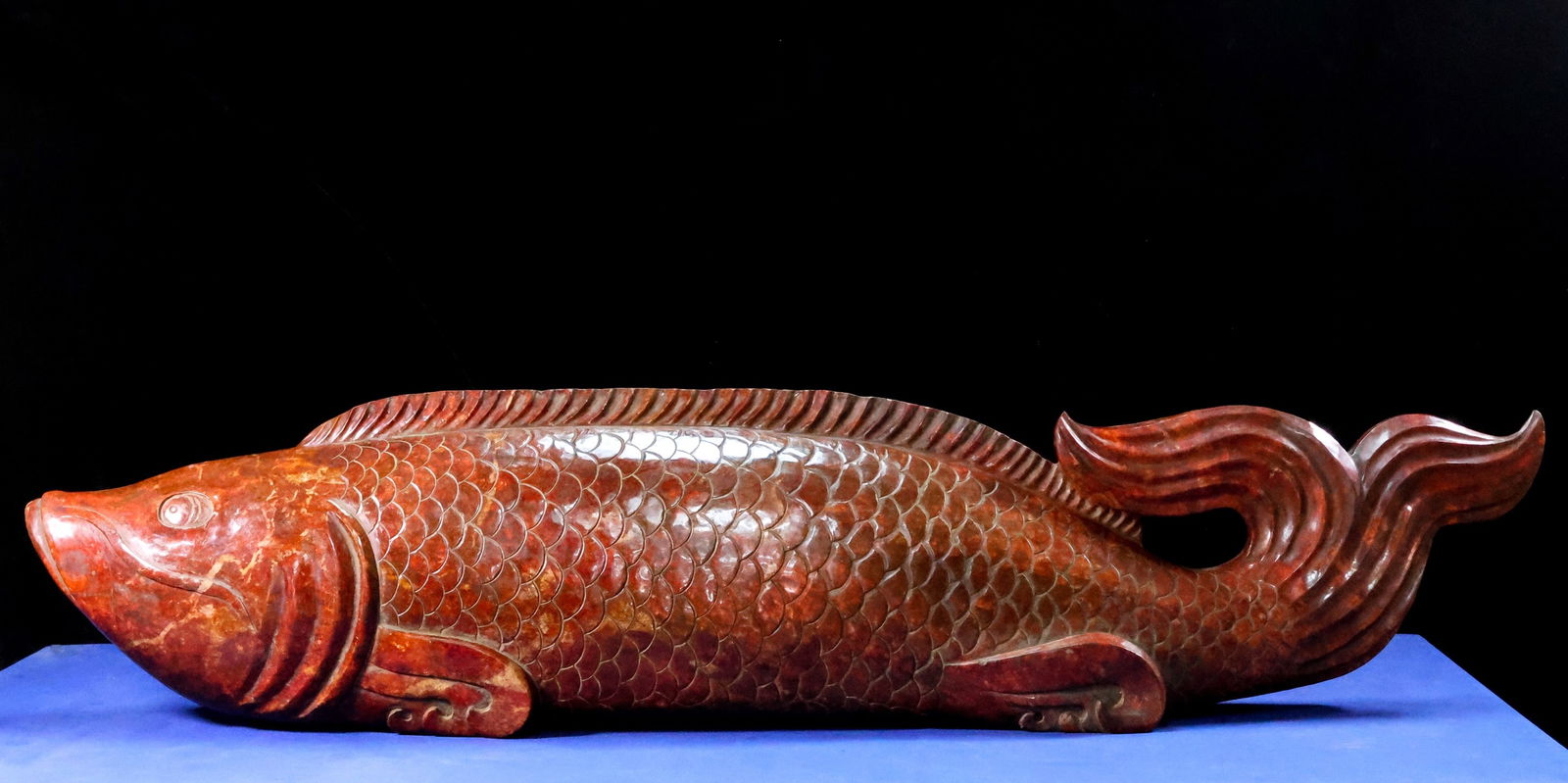An Exquisite Archaic Jade Fish Ornament: An Exquisite Archaic Jade Fish Ornament,Ancient Time,China,Size:58.3inx7.9inx13.8in,Weight:150kg 高古玉鱼摆件,中国远古时期